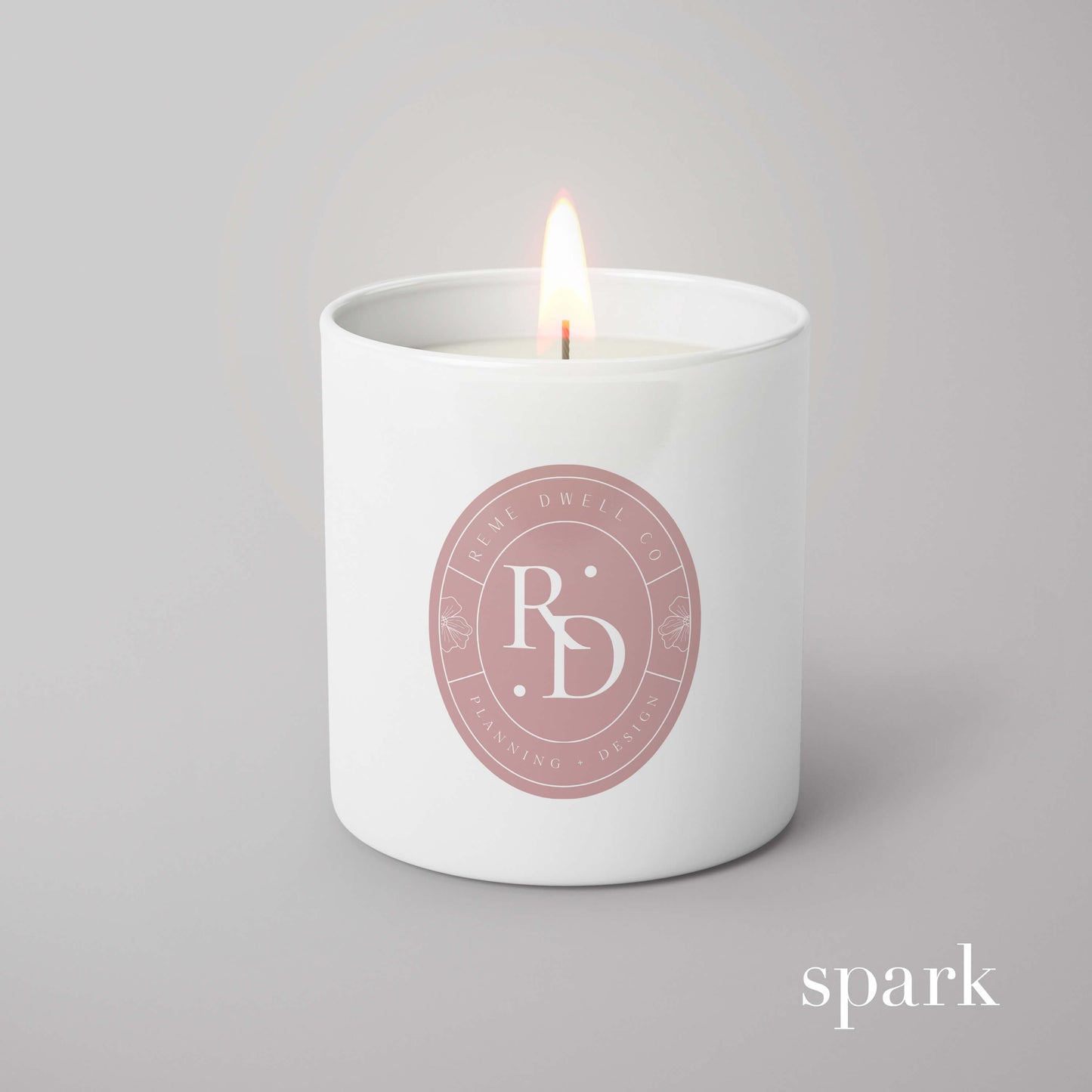Close-up of full-color custom label on a 10oz matte white glass candle.