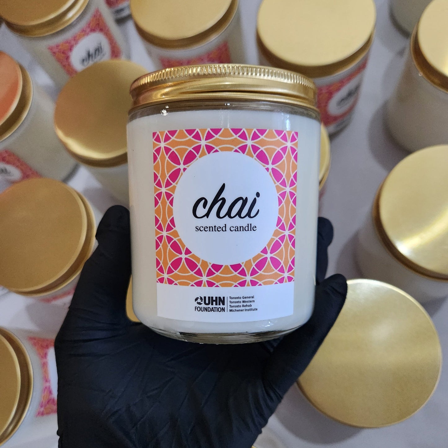 Custom Candle Collection - UHN Foundation Gala Favor - 8oz Clear Glass Jar Candle Gold Lid Custom Label