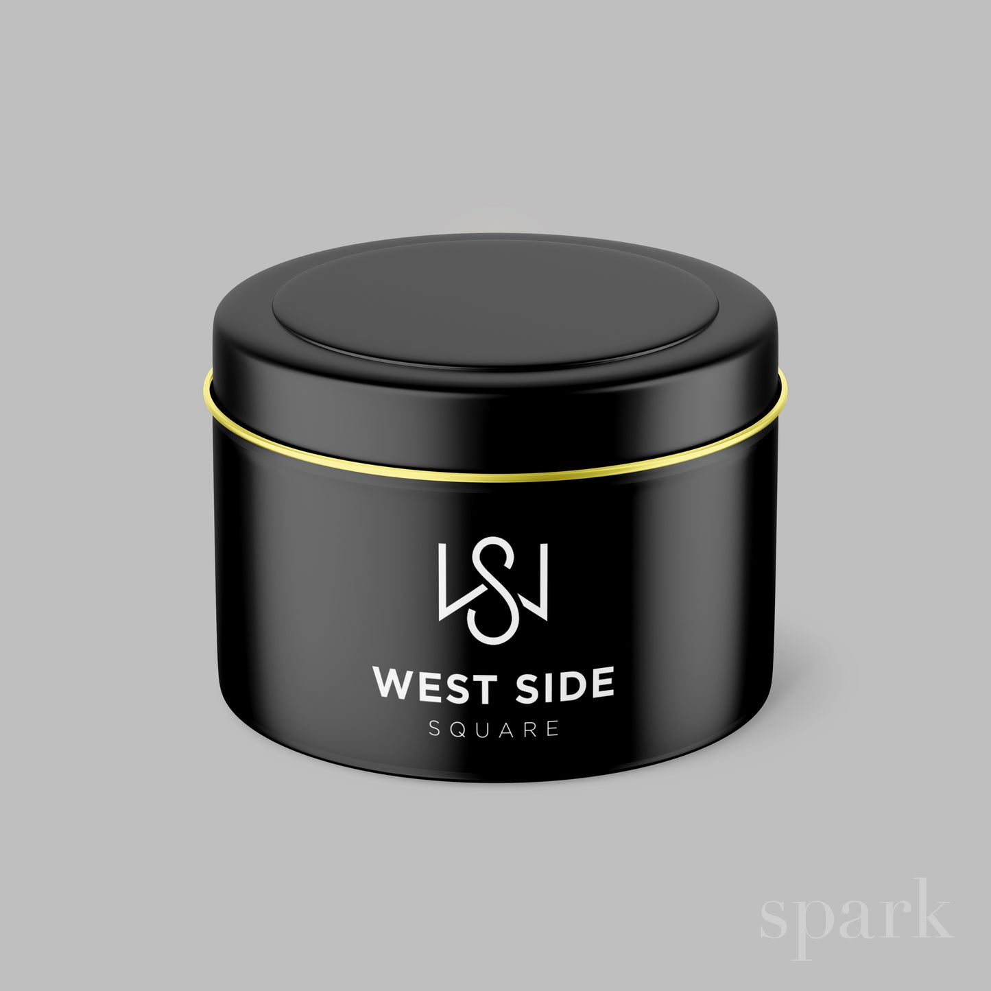 4oz custom matte black tin candle with logo imprint and gold interior for client gifting and event branding