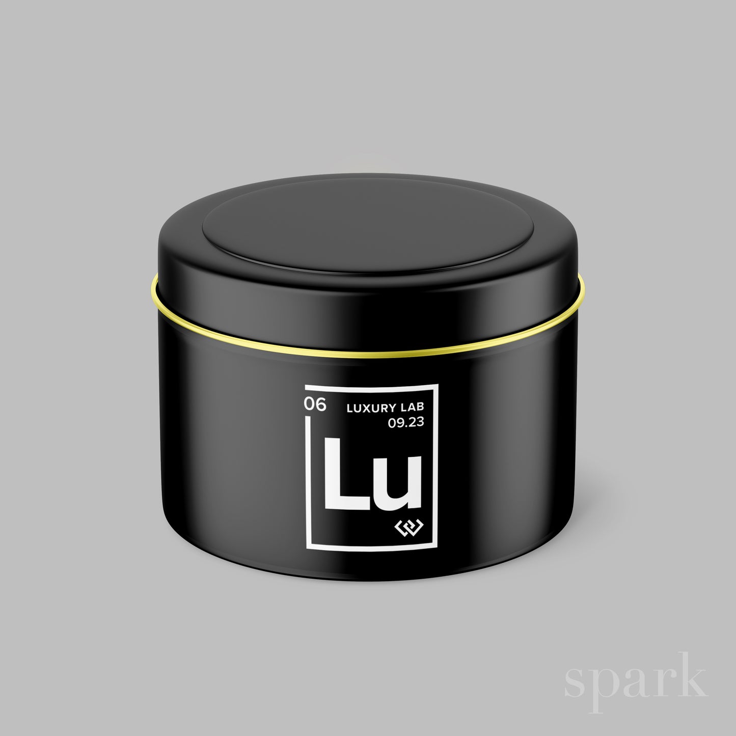 Front view of 4oz custom matte black tin candle with gold interior and logo imprint.
