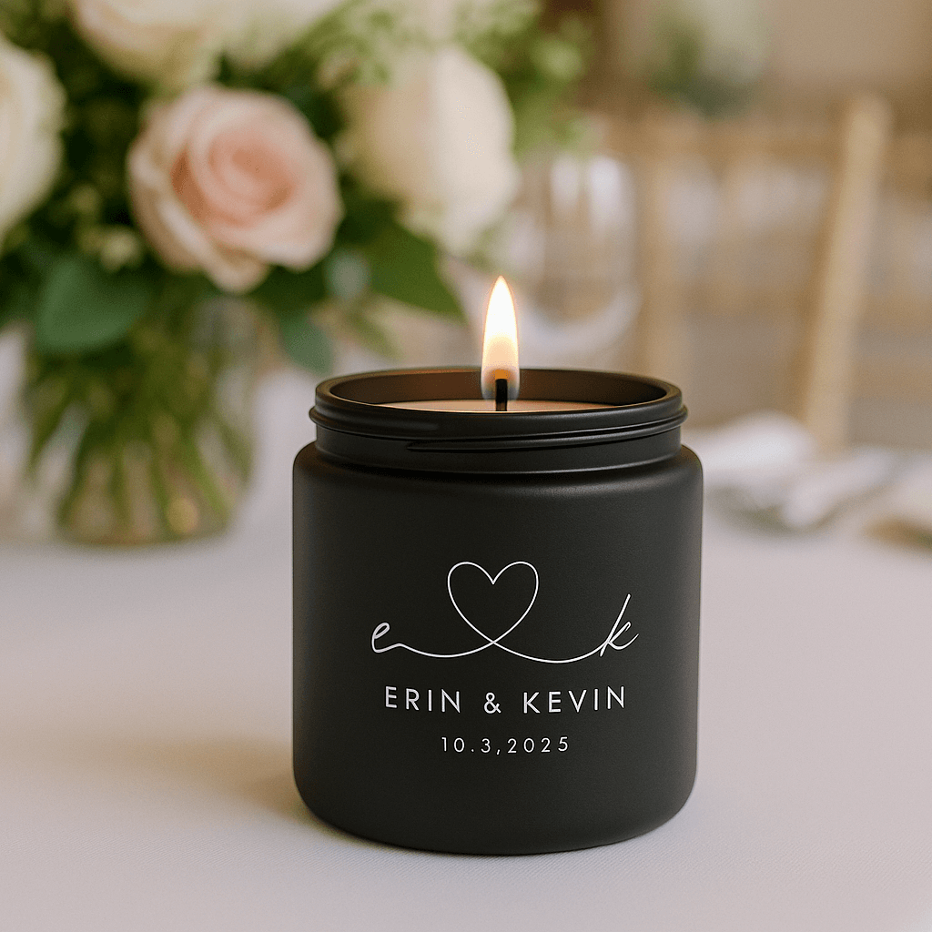 4oz Black Glass Jar Custom Wedding Candle with Bride & Groom names and date imprint