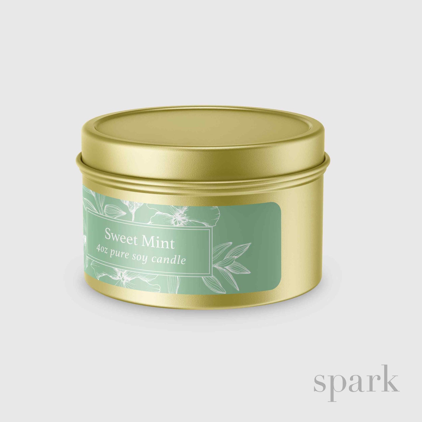 Side view of a customizable 4oz gold tin candle with fully branded label
