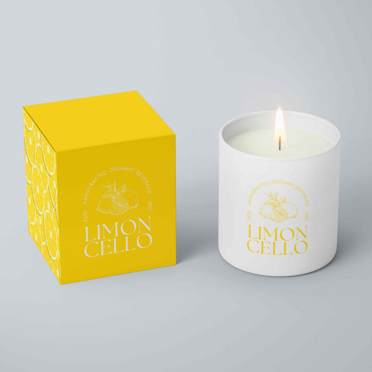 6oz matte white glass candle with custom logo imprint and custom printed gift box with matching yellow branding