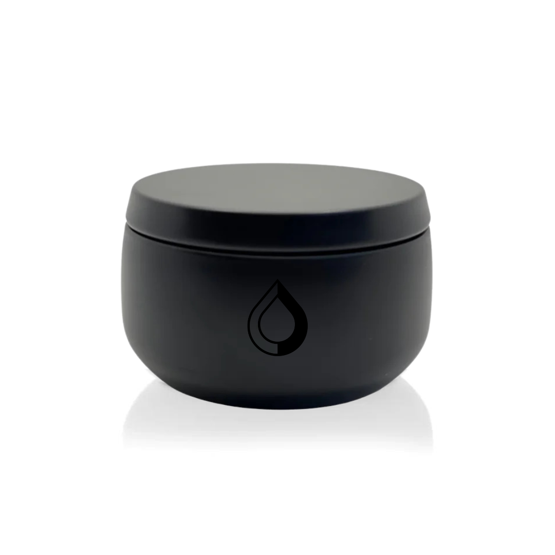 Customizable 8oz black tin candle with a black gloss logo imprint