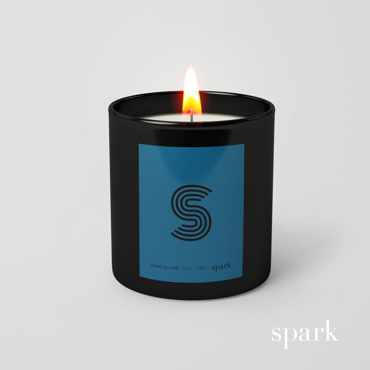 Personalized monogram candle in 10oz matte black glass with blue striped letter initial custom label