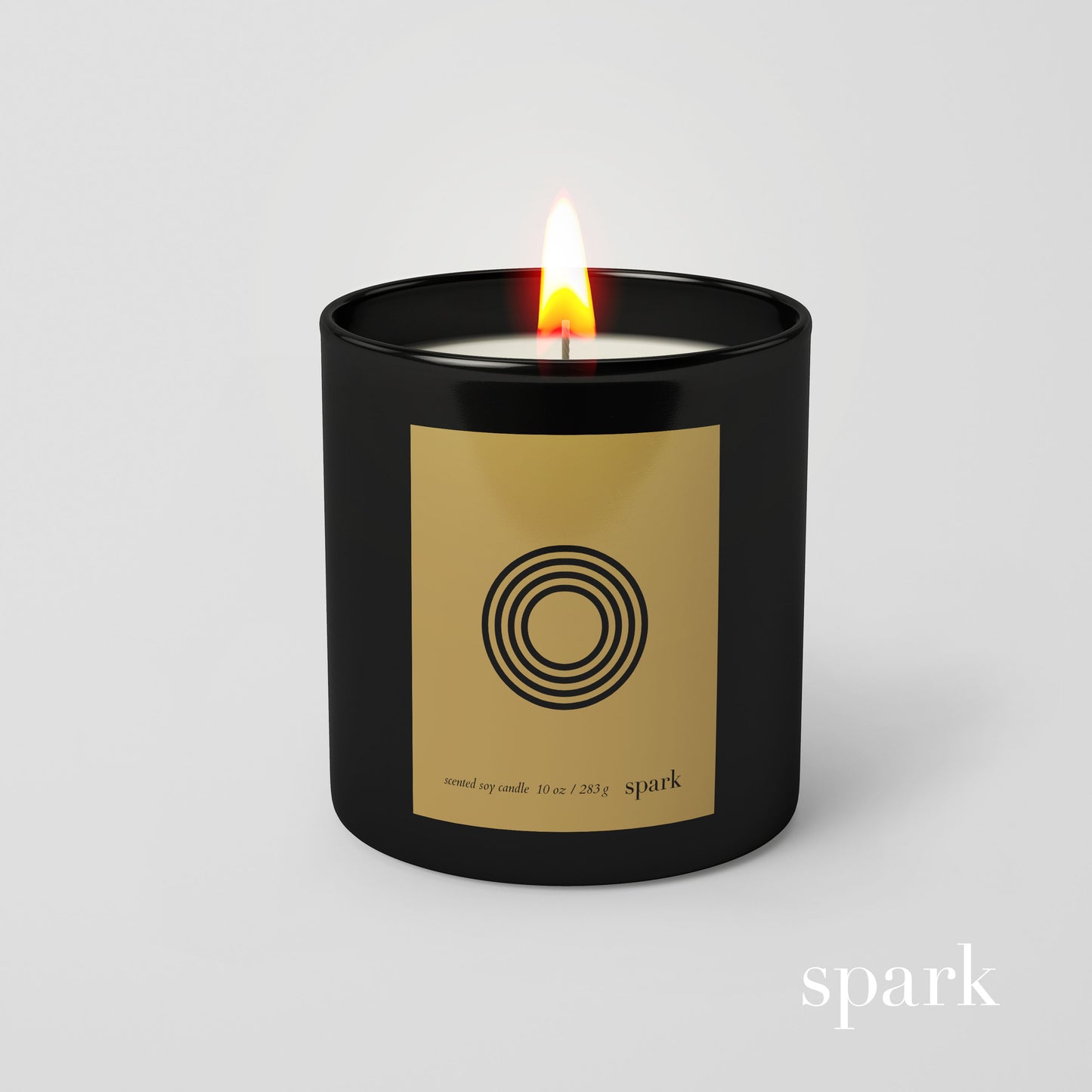 Personalized monogram candle in 10oz matte black glass with gold striped letter initial custom label