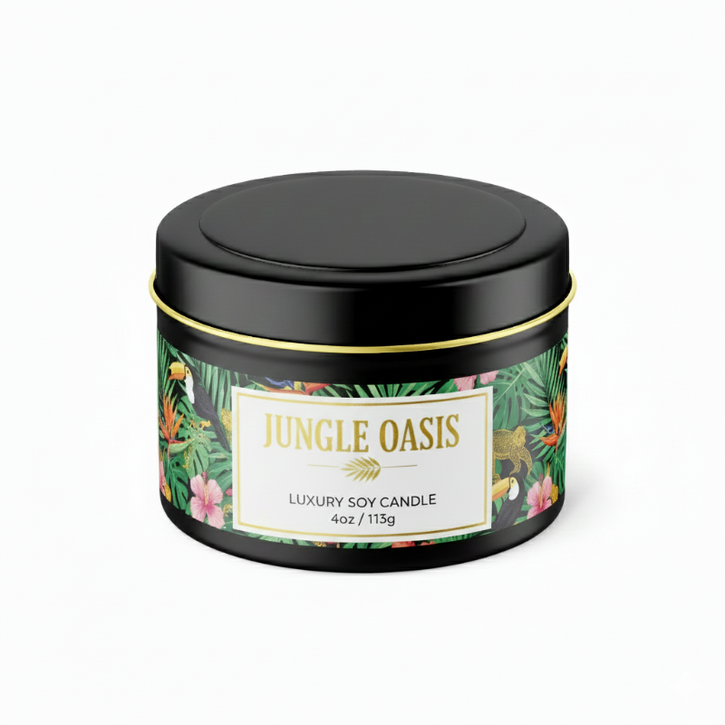 Custom Private Label Candle Collection - 4oz Travel Size Matte Black Gold Tin with Colorful Jungle Wrap Label