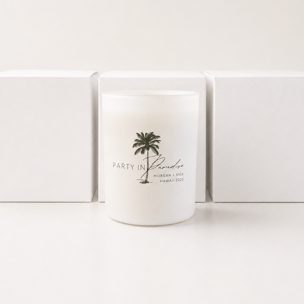 Custom Luxury Destination Wedding Candle Favors - Coastal Fragrance - Bride and Groom Names