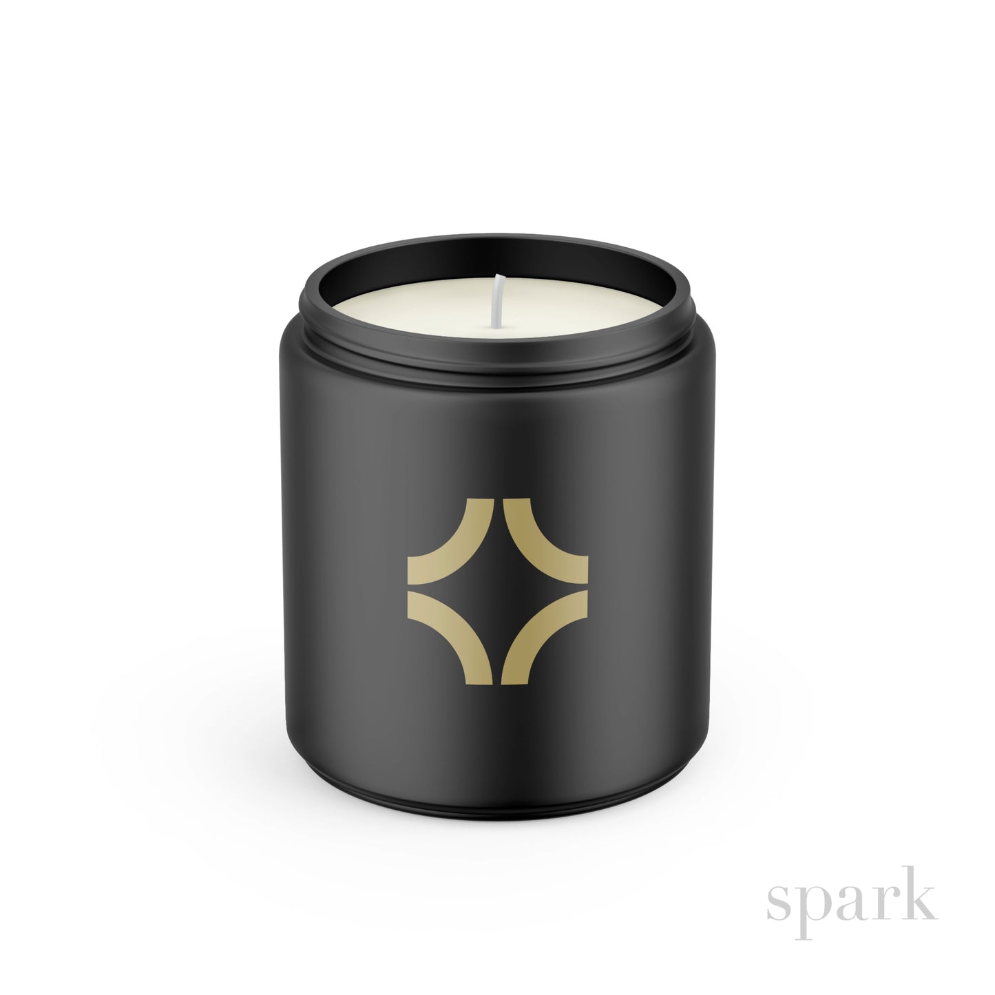Fully branded matte black glass jar candle with a custom logo imprint on the front.