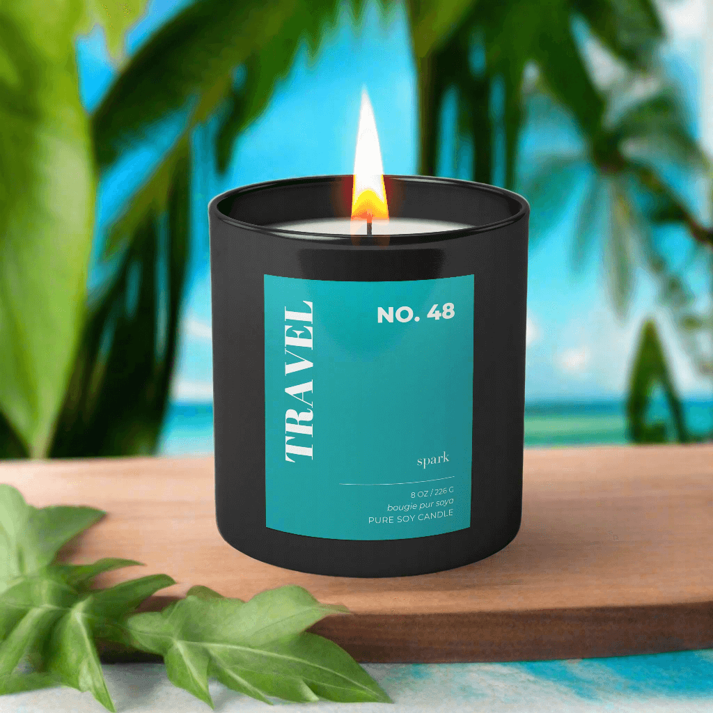 Close-up of full-color custom label on a 10oz matte black glass candle.