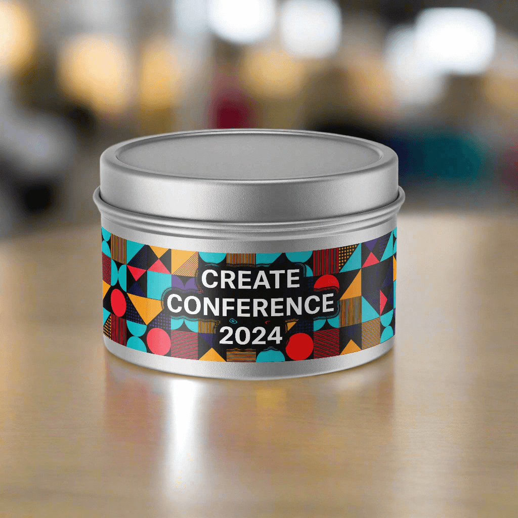 Close-up of full-color wrap label on a custom 4oz silver tin candle.