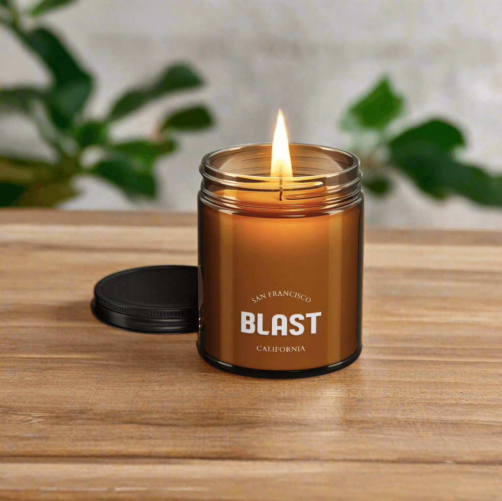 Custom branded amber glass candle used for retail collections, client gifts, events, and employee appreciation.