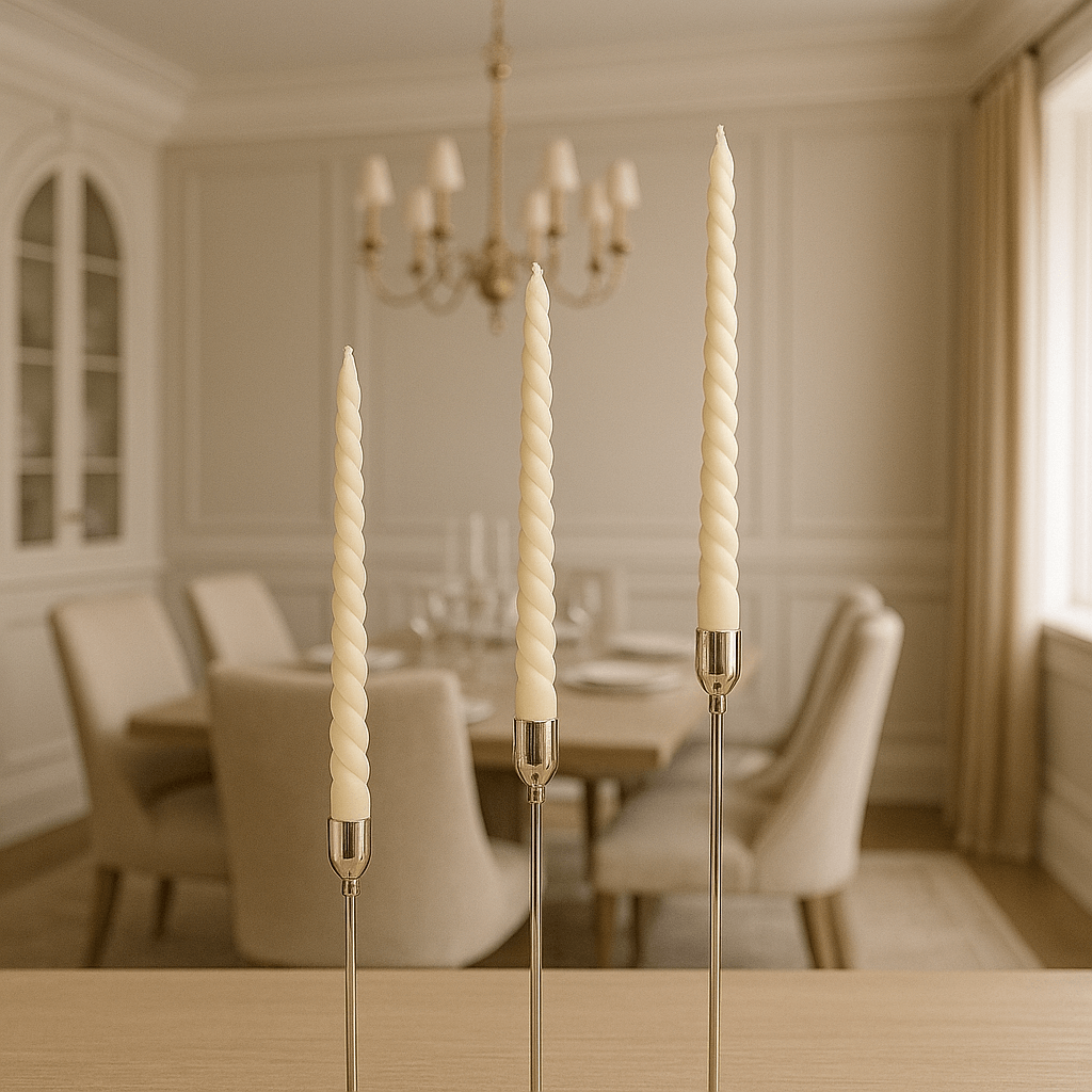 Three tall, white natural beeswax taper candles on stands in a softly lit room with a chandelier and table setting.