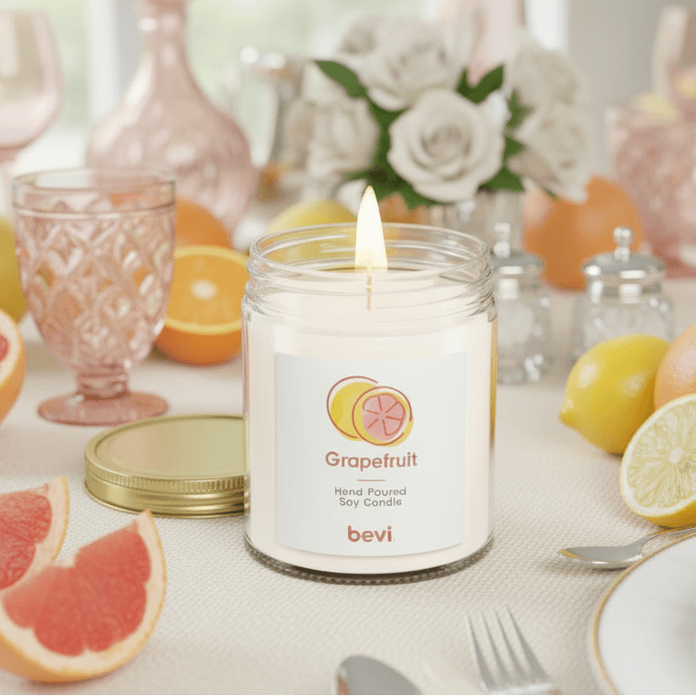 Grapefruit branded candle in a glass jar with a 'bevi' label on a table with fruits and flowers.