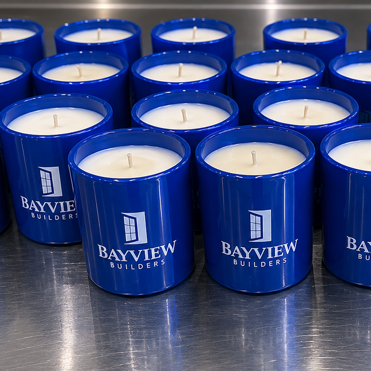 Custom 6oz Pantone Blue Glass Candle Gloss Finish Condo Builder Gifts for Clients and Employees