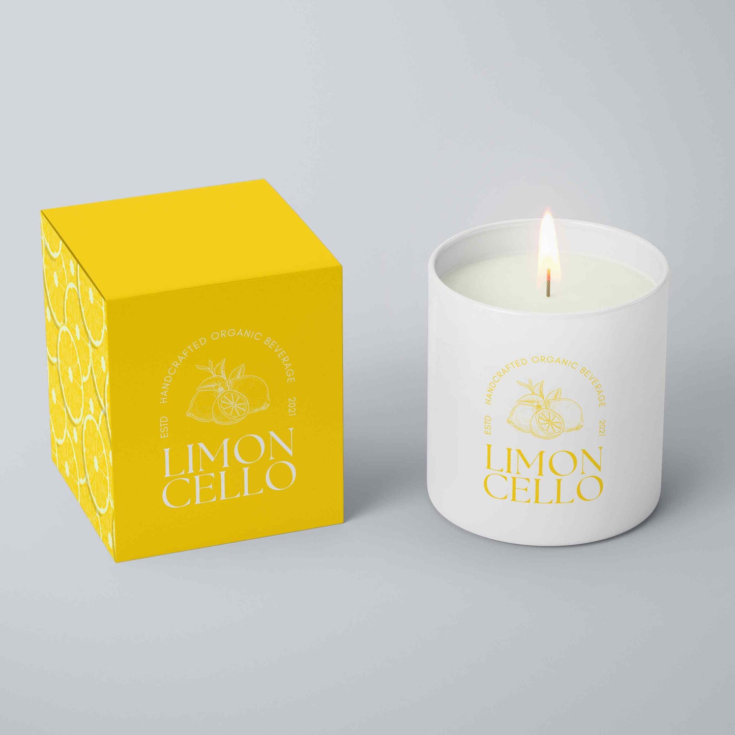 Custom Branded White Glass Candle with Custom Printed Gift Box Yellow Limoncello
