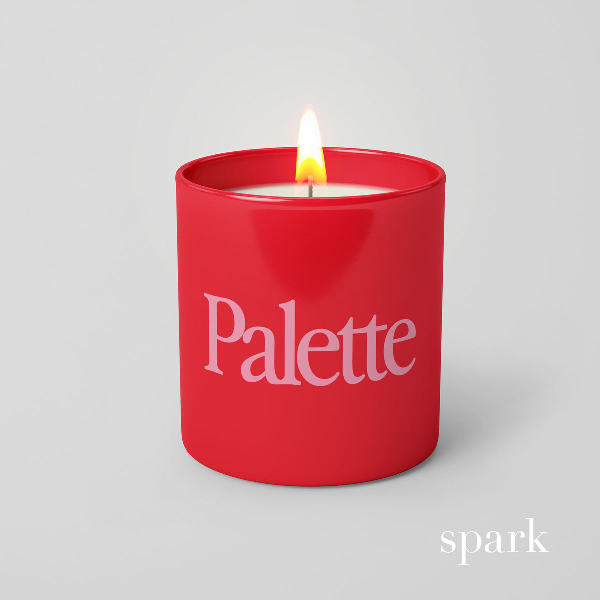 Red candle with 'Palette' text on a gray background