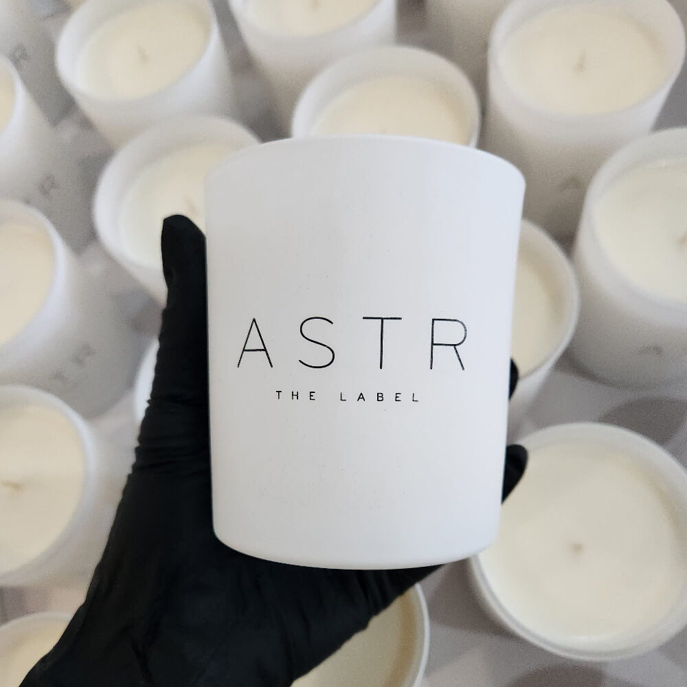 Custom Candle Collection for Retail Clothing Brand 10oz White Glass Black Logo