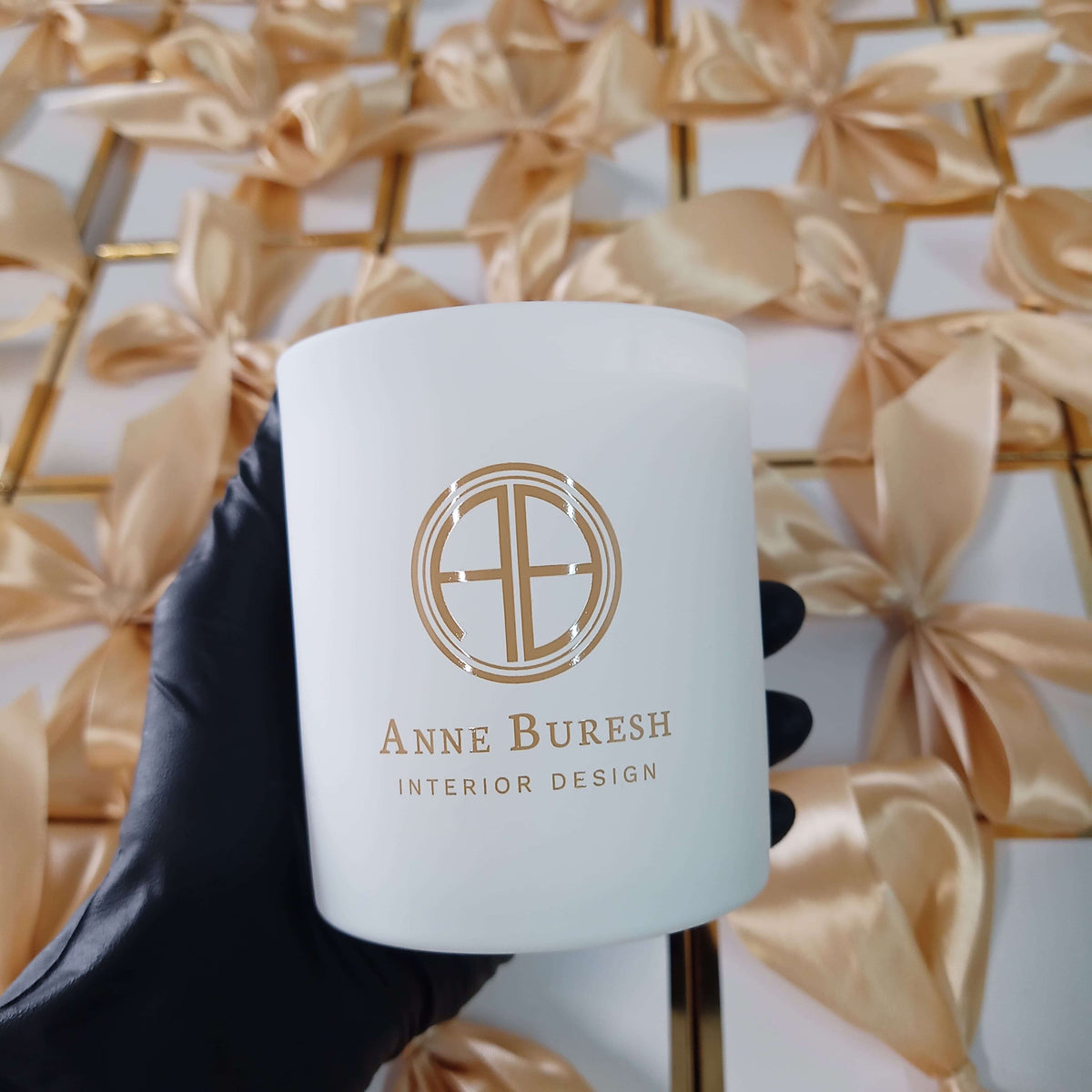 Custom Interior Designer Firm Client Gift Candle Gold Logo Imprint Luxury Gift Box Gold Ribbon