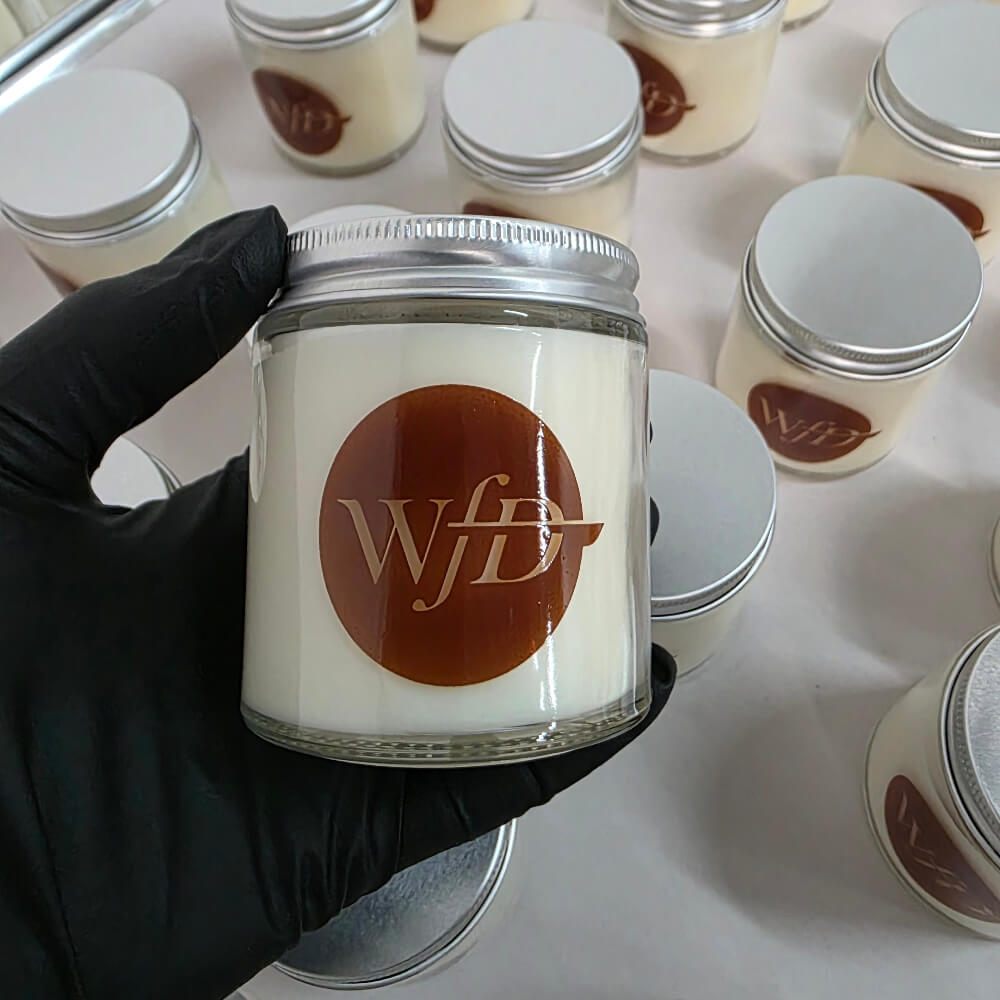 Custom 4oz Clear Glass Jar Candle Silver Lid Brown Logo Aviation Equipment Event