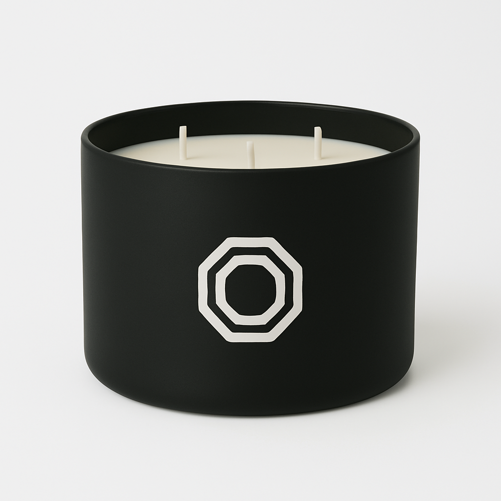 Custom 3-wick 15oz matte black glass candle with logo imprint for corporate gifting and branded events