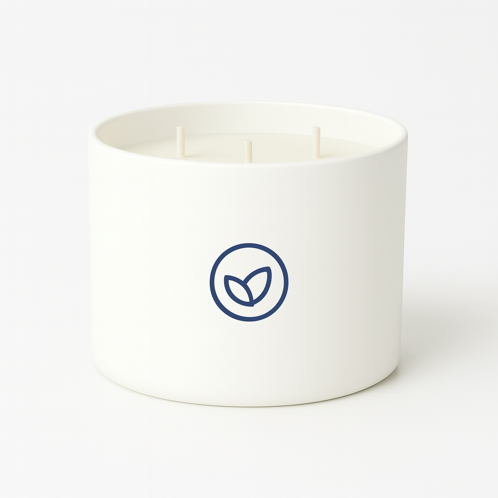 Custom 3-wick 15oz matte white glass candle with logo imprint for corporate gifting and branded events