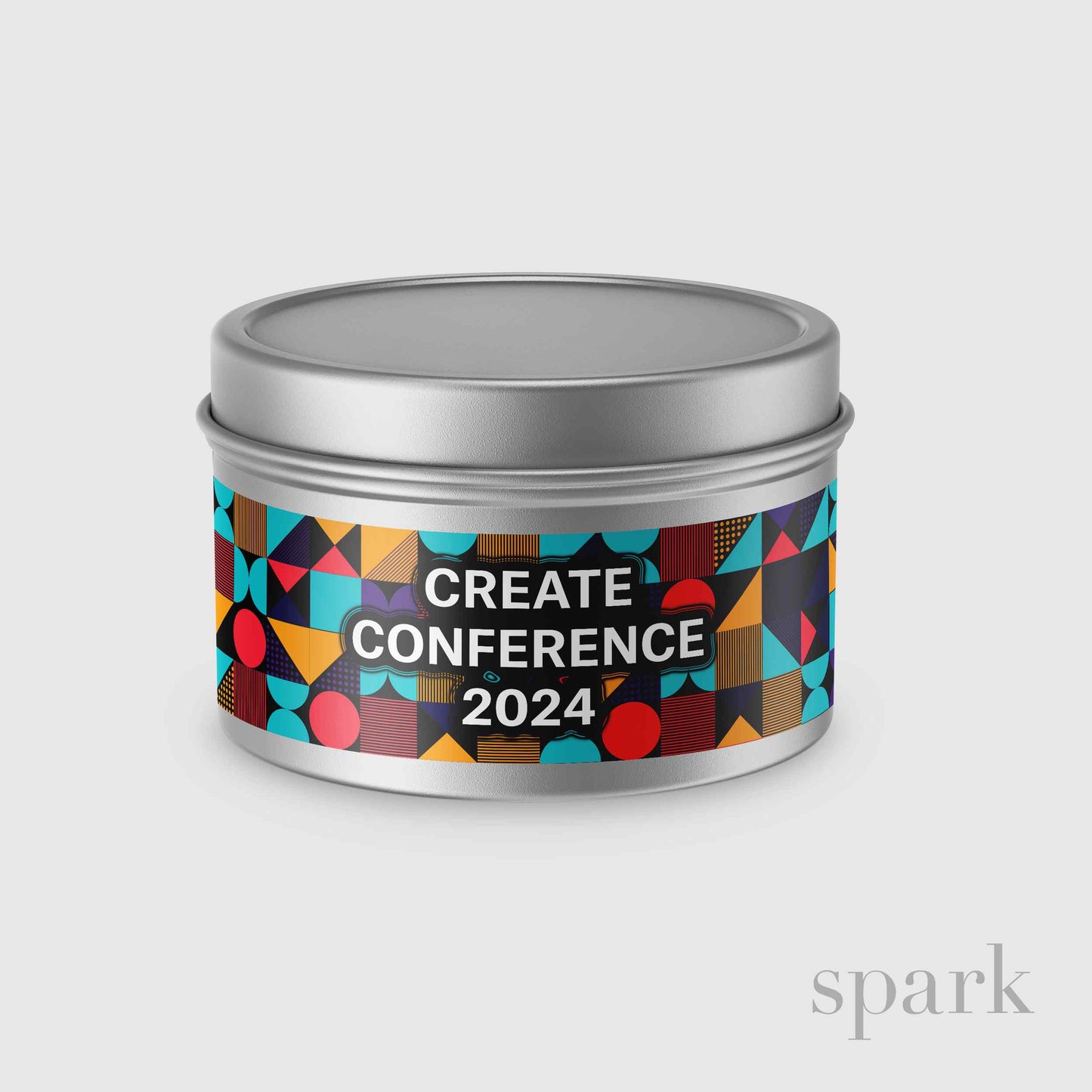 Custom 4oz silver tin candle with full-color label manufactured for promotional gifting and branded merchandise.