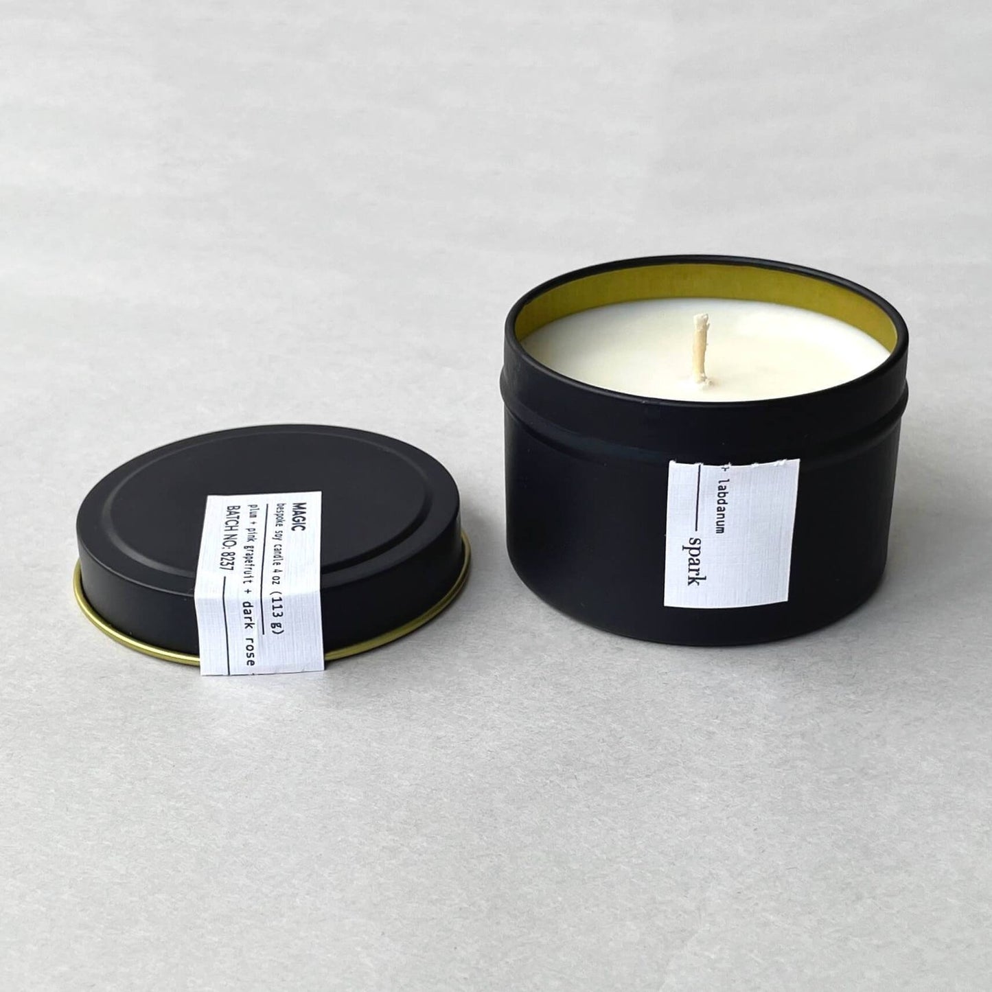 4oz Matte Black Tin Candle with Lid and Customizable Linen Label