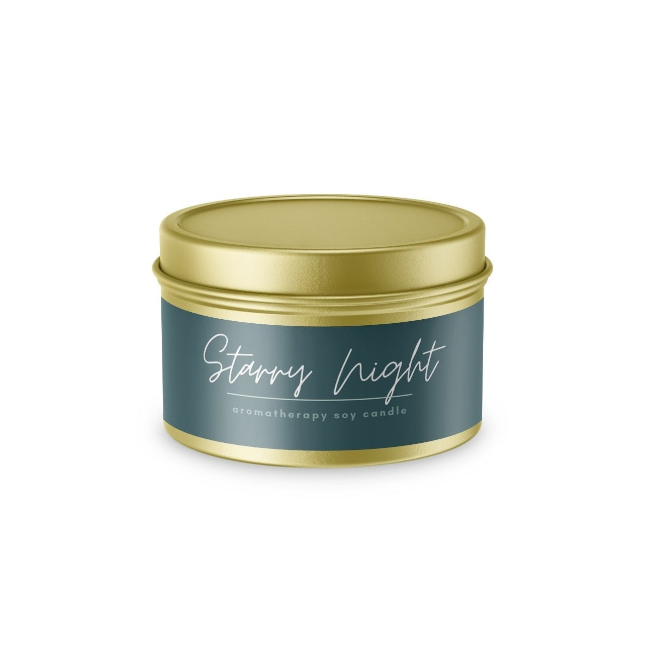 Bulk order of 4oz custom gold tin candles with full-color labels.