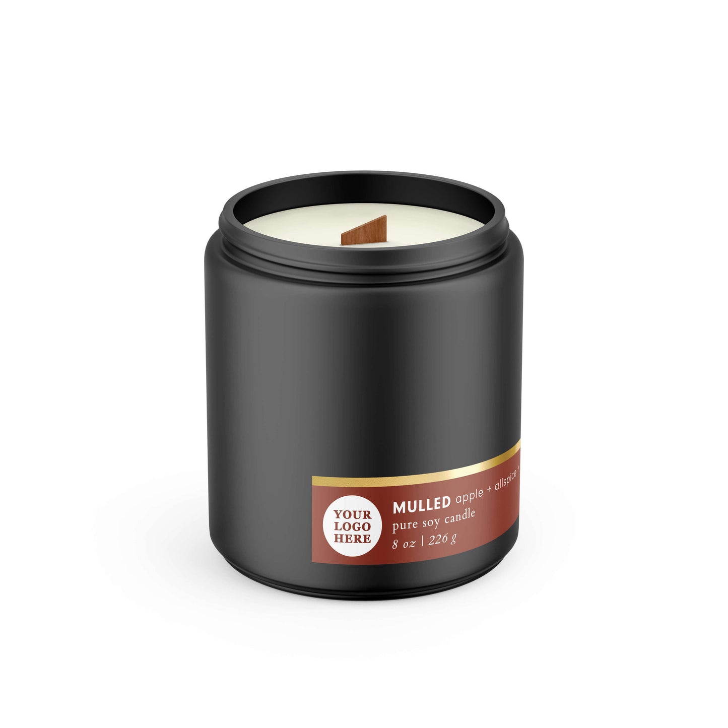 Custom branded 8oz matte black glass candle with label and screw-on metal lid for premium gifting.