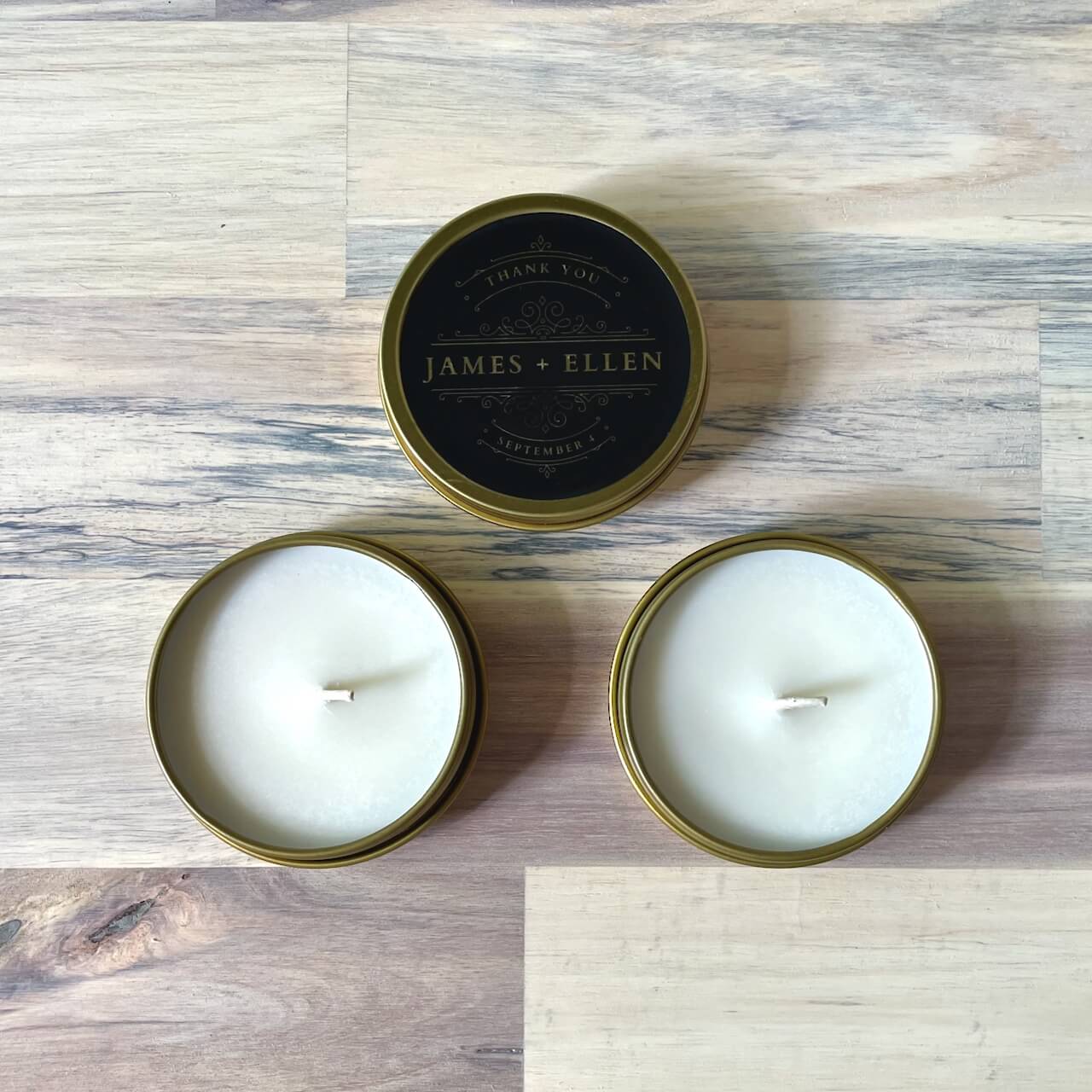 10 Pack - Custom 2oz Aromatherapy Soy Candle in Gold Tin - Label No. 57 - Spark Candles