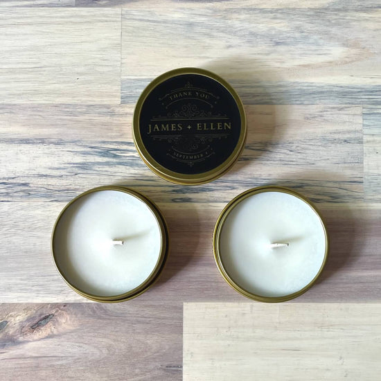 10 Pack - Custom 2oz Aromatherapy Soy Candle in Gold Tin - Label No. 57 - Spark Candles