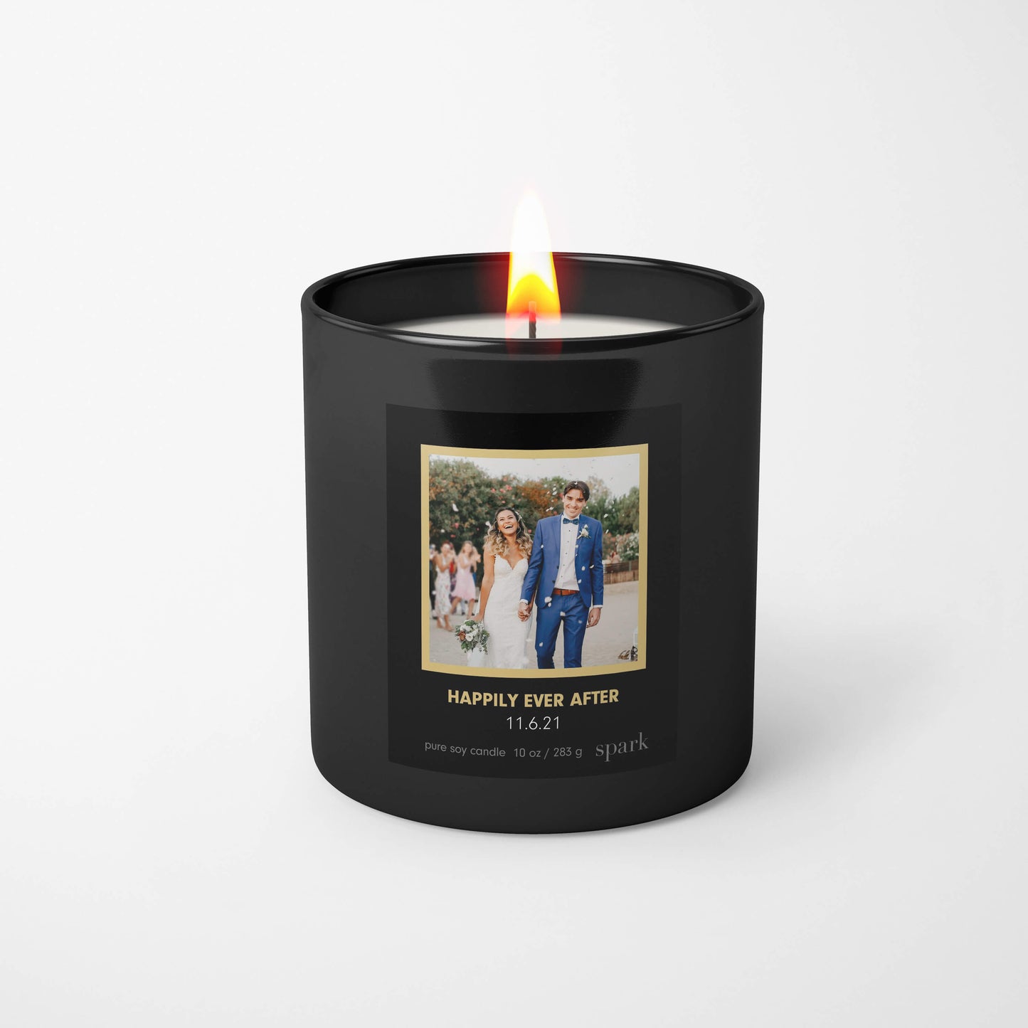 Custom Scented Wedding Photo Candle in 10oz Matte Black Glass with Aromatherapy Scent 