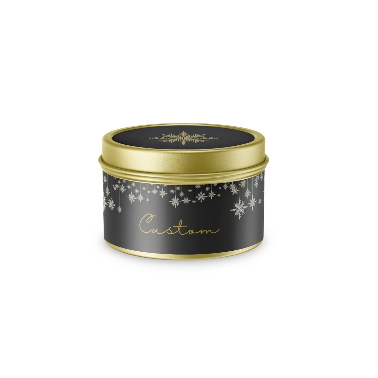 Custom holiday themed 4oz gold tin candle with full color wrap around and lid labels